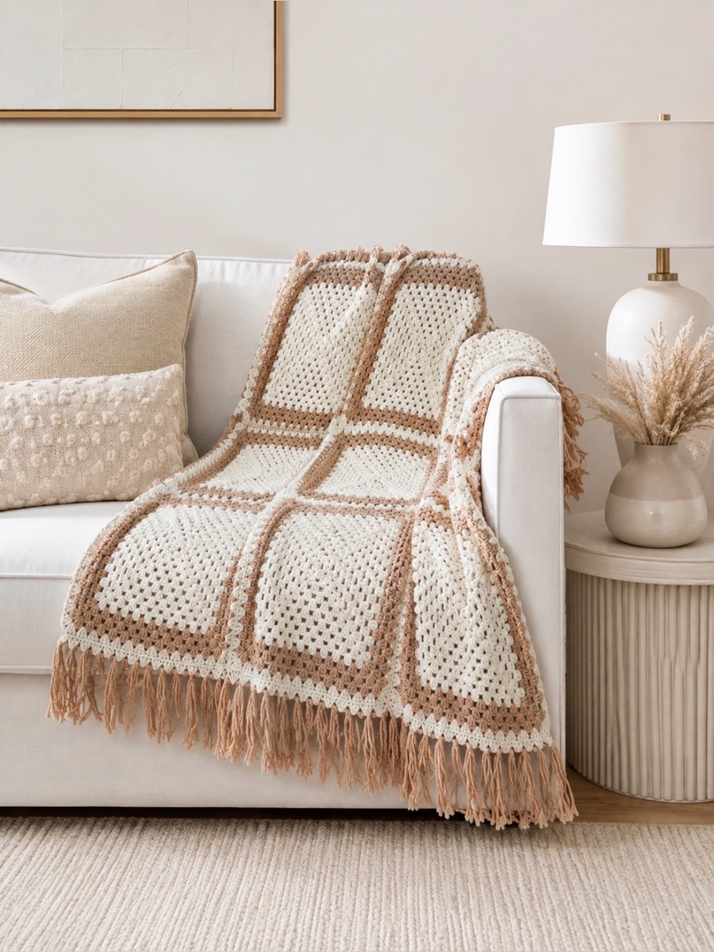 Handmade Crochet Throw Blanket in Cream and Tan With Fringe 45x46